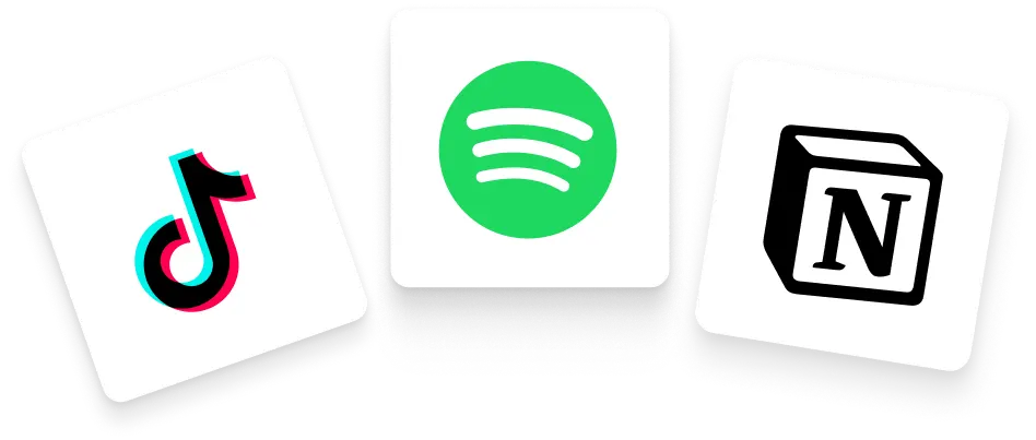 Three app icons, including TikTok, Spotify, and Notion.