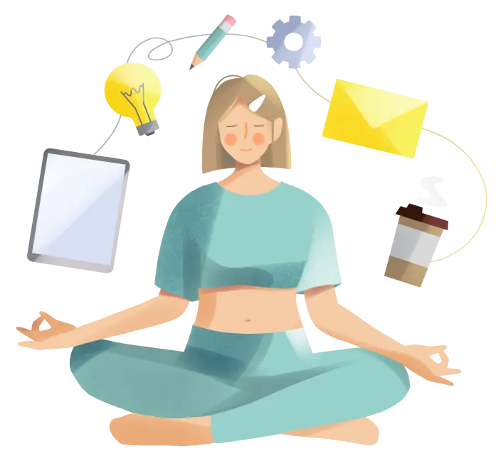 A woman in yoga attire sits in a meditative pose, surrounded by floating office items such as a notebook, light bulb, pencil, document folder, envelope, and coffee cup, symbolizing relaxation and a balanced work-life.